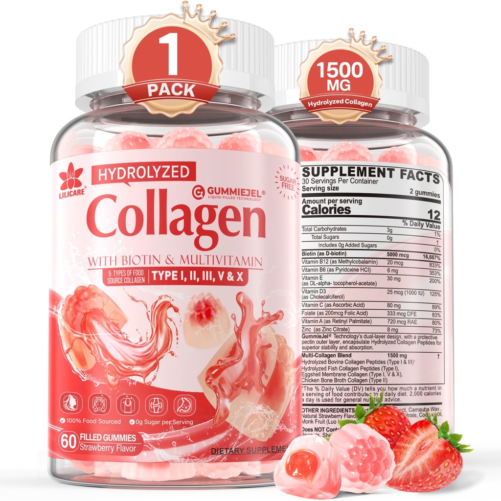 Kolagen Peptide Gumies za ženske in moške brez sladkorja, več kolagen hidroliziran w/ 1500mg beljakovine tipa I,II,III,V,X, 5000mcg Biotin, metiliran B12, vitamin C A E D3 B6 za nohte kože, kosti, 60Cts