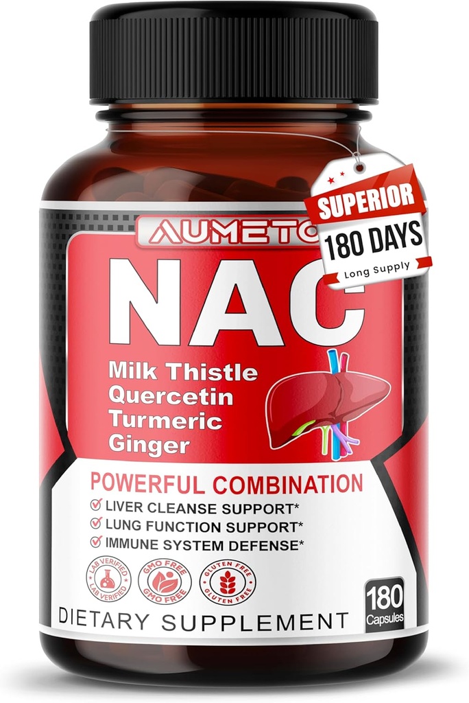 Nac Supplement N-acetil-L-Cysteine - Okrepljen z mlečno osjo + Quercetin za optimalno imunnost, dihala, dobro počutje jeter (180 št. 1)