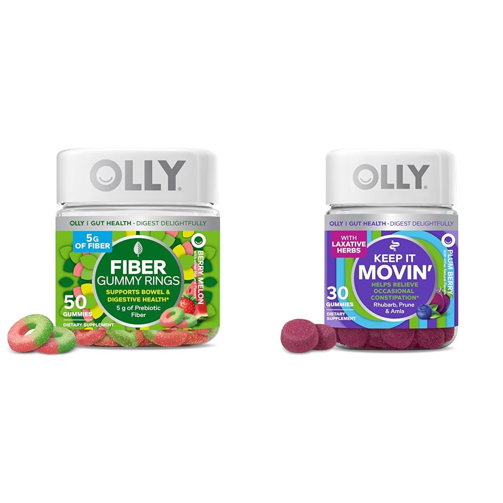 OLY Fiber Gummy obroči, 5g Prebiotična Fiber, FOS (Fructo-oligosaharidi), Prebavna podpora, Berry Melon 50ct & Naj ga premika zaprtje Relief, Rhubarb, Prunes, Amla - Plum Berry Flavor - 30ct