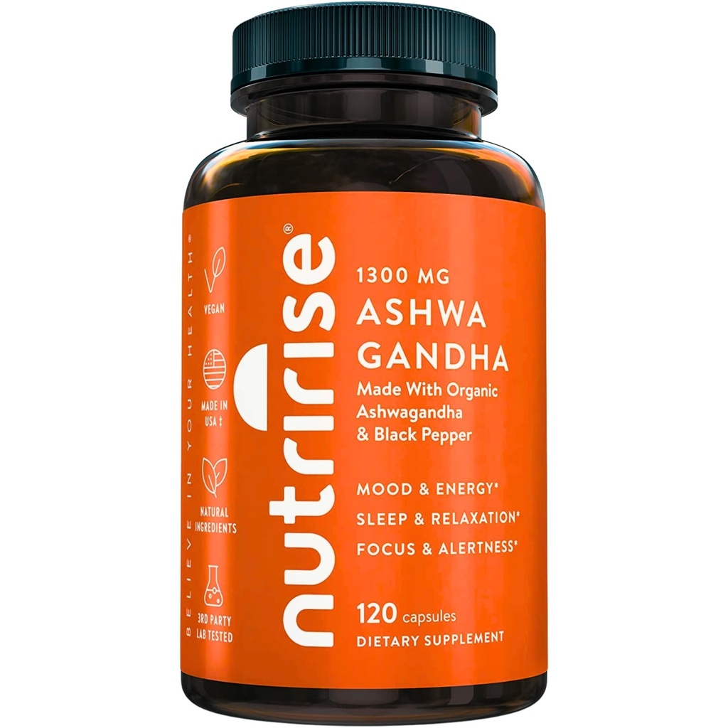 NutriRise Organic Ashwagandha Root kapsule s črnim poprom, 1300mg, Naravni stres & Mood, ščitnica, in Imunska podpora dodatek, Clarity, Focus & Energy, Gluten prost, 120 Count