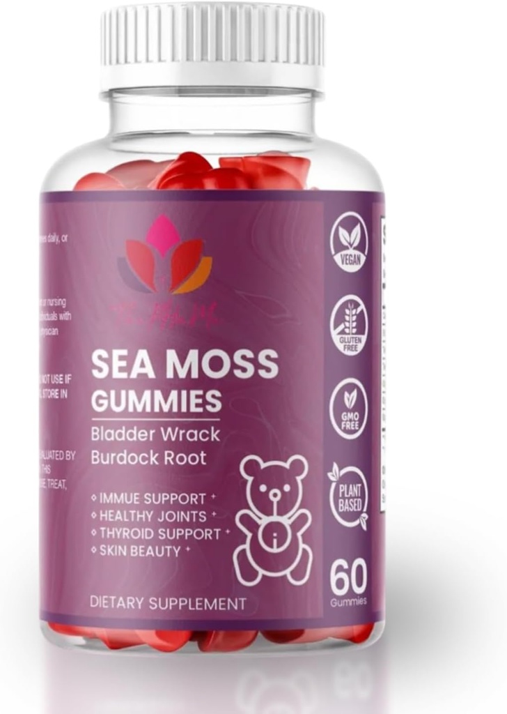 Organic Sea Moss Gumies z Bladderwrack & Burdock Root – Veganski dodatek za splošno Wellness – 60 Count