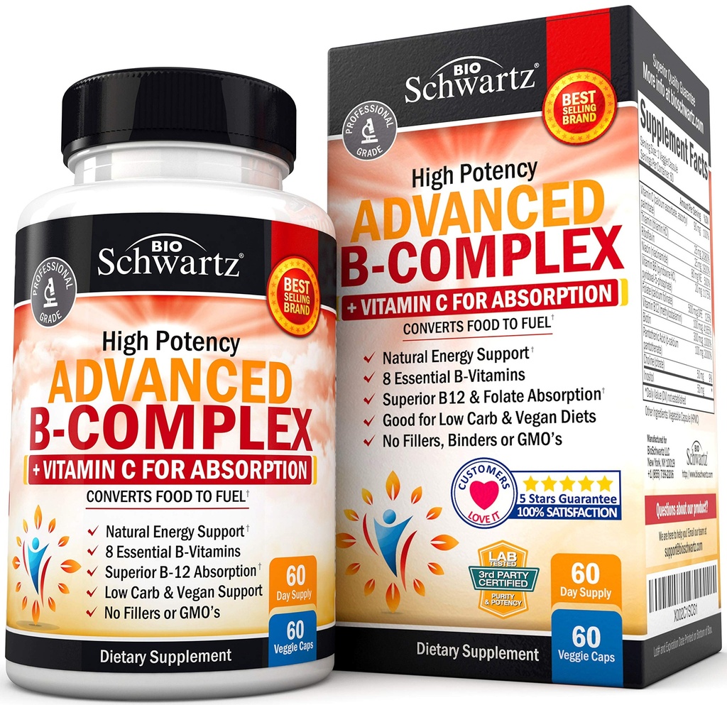 Vitamin B Kompleks z vitaminom C za maksimalno absorpcijo - Metilkobalamin b12 & Folat Folna kislina Dodatek - B1 B2 B3 B5 B6 B7 B9 za podporo imunske energije in živčnega sistema - Non-GMO, 60 števk