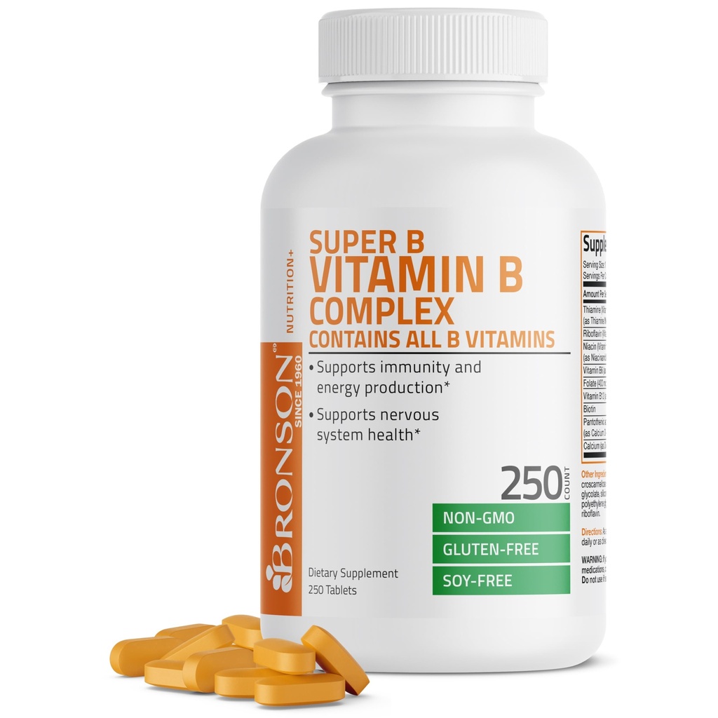 Bronson Vitamin B kompleks (vitamin B1, B2, B3, B6, B9 - Folna kislina, B12), 250 tablet