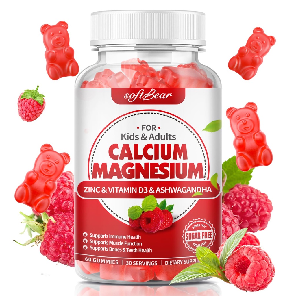 mehkega medveda Kalcij Magnezijev cink Gumiji za ženske, Kalcij Magnezij dodatek z vitaminom D3 za kosti moč, Vegan / Sugar-free, Raspberry aroma 60 Count