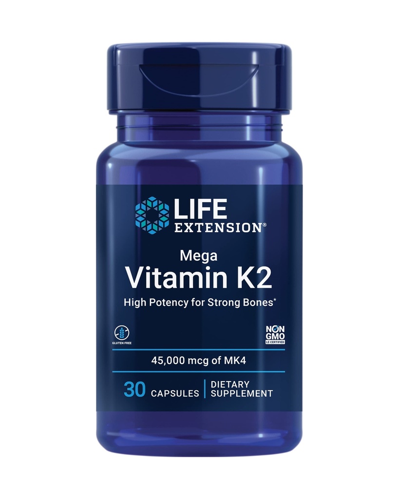 Življenjska razširitev Mega Vitamin K2 Visoka moč za močne kosti, klinično raziskan 45 mg odmerka K2 spodbuja zdravo gostoto kosti, Gluten-free, Non-GMO, 30 kapsul