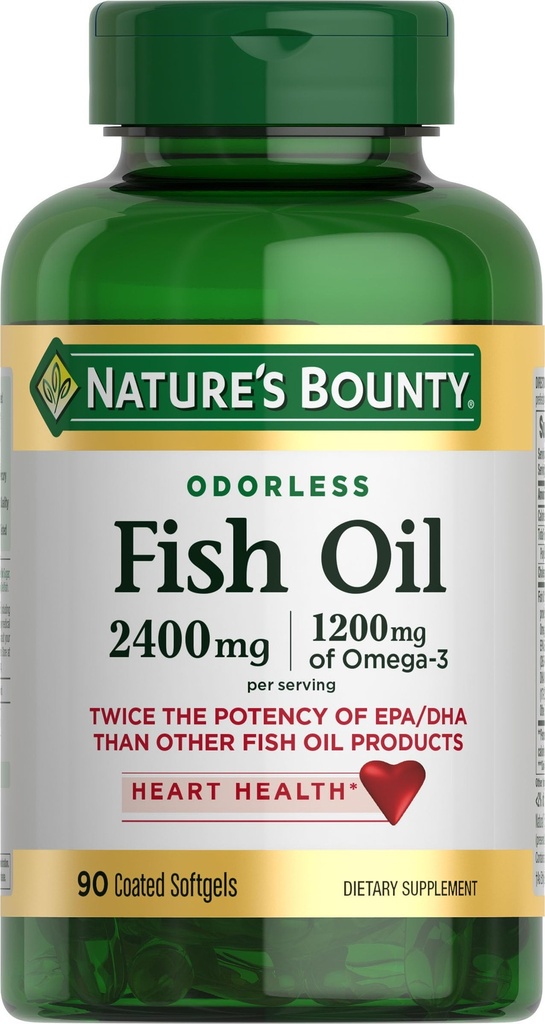Narava Bounty Odorless Fish Oil, 1200mg Omega-3 na služijo, vključno z EPA & DHA, Podpira zdravje srca, prečiščeno za odstranitev živega srebra, Prevlečeni softgels, Gluten Free, No Shellfish, 90 Ct