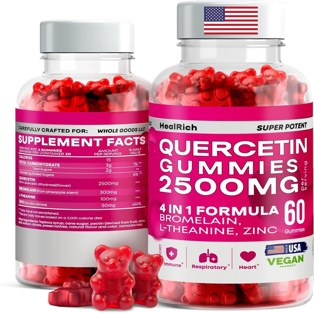 Quercetin Gummies - 2500MG z Bromelain, L-Theanin - Imunska podpora Gumies Alergija Relief & Lung Zdravje za otroke in odrasle