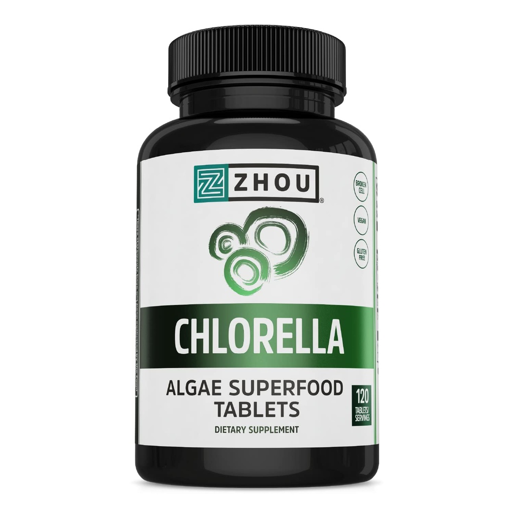 Zhou Chlorella tablete - Klorella dodatek, klorofil vitamini, čista zelena Algae Superfood, Nutrient Rich Super Food tablete, razbite celične stene - 120 Veganske tablete