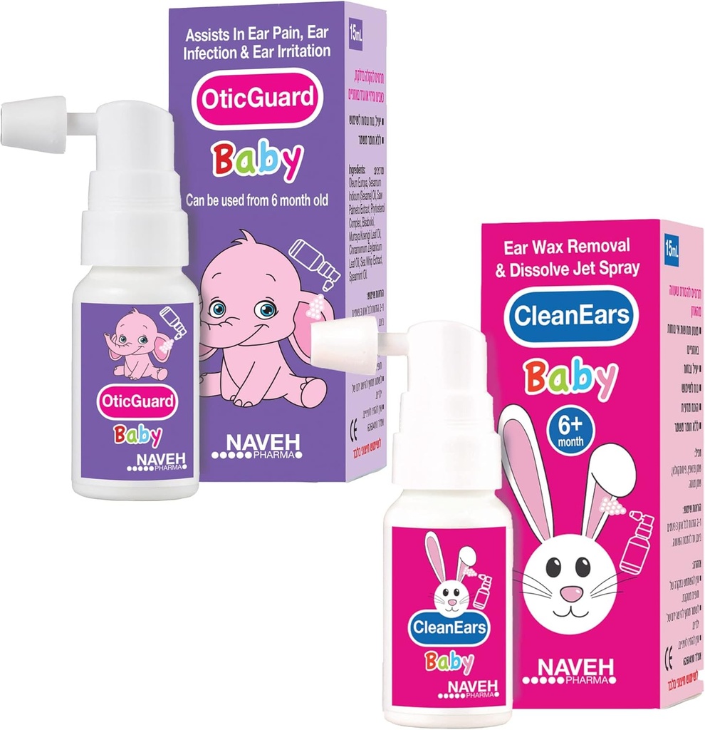 1 enota Naveh Pharma CleanEars Baby Earwax Removal Spray 1 Fl Oz + 1 Enota NAVEH PHARMA Otic Guard Baby Ear Infection Spray 0,5 Fl Oz