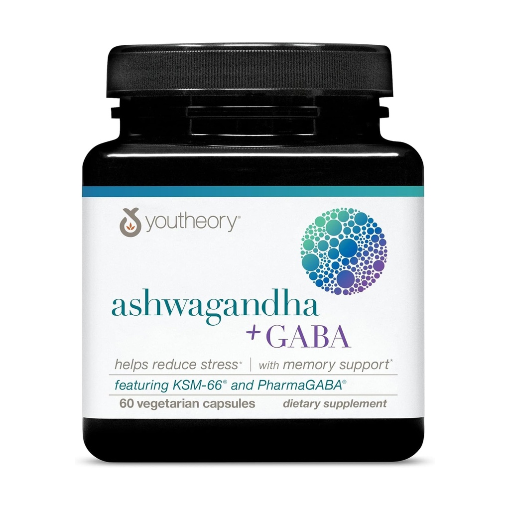Youtheory Ashwagandha + GABA, 60 Vegetarian Capsules, 30-Day Supply