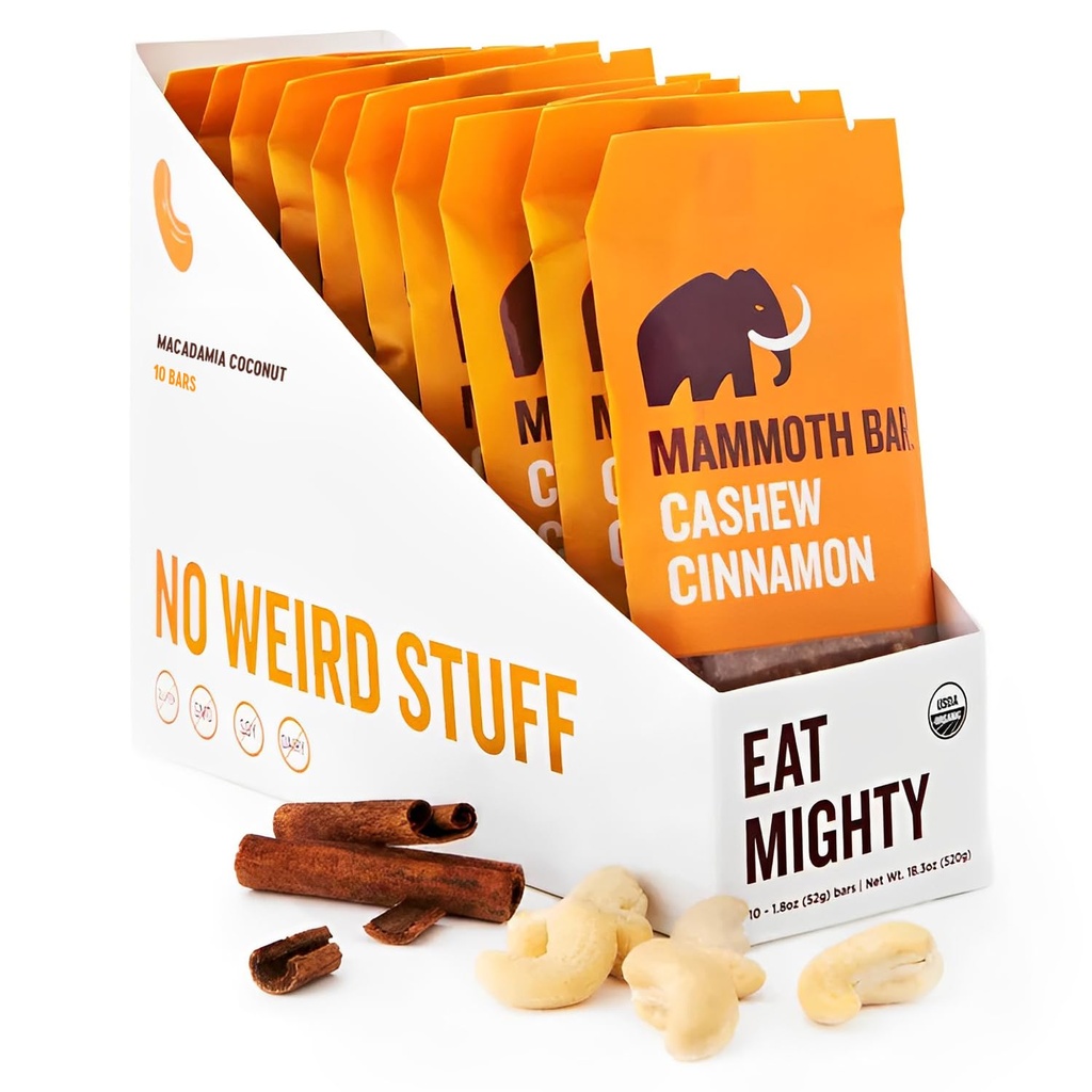 Cashew Cinnamon Bar- Organic, Paleo, Gluten Free in Raw by Mammoth Bar, 10-12g Protein, 1.8 Oz. Bar (10 Barov) ...