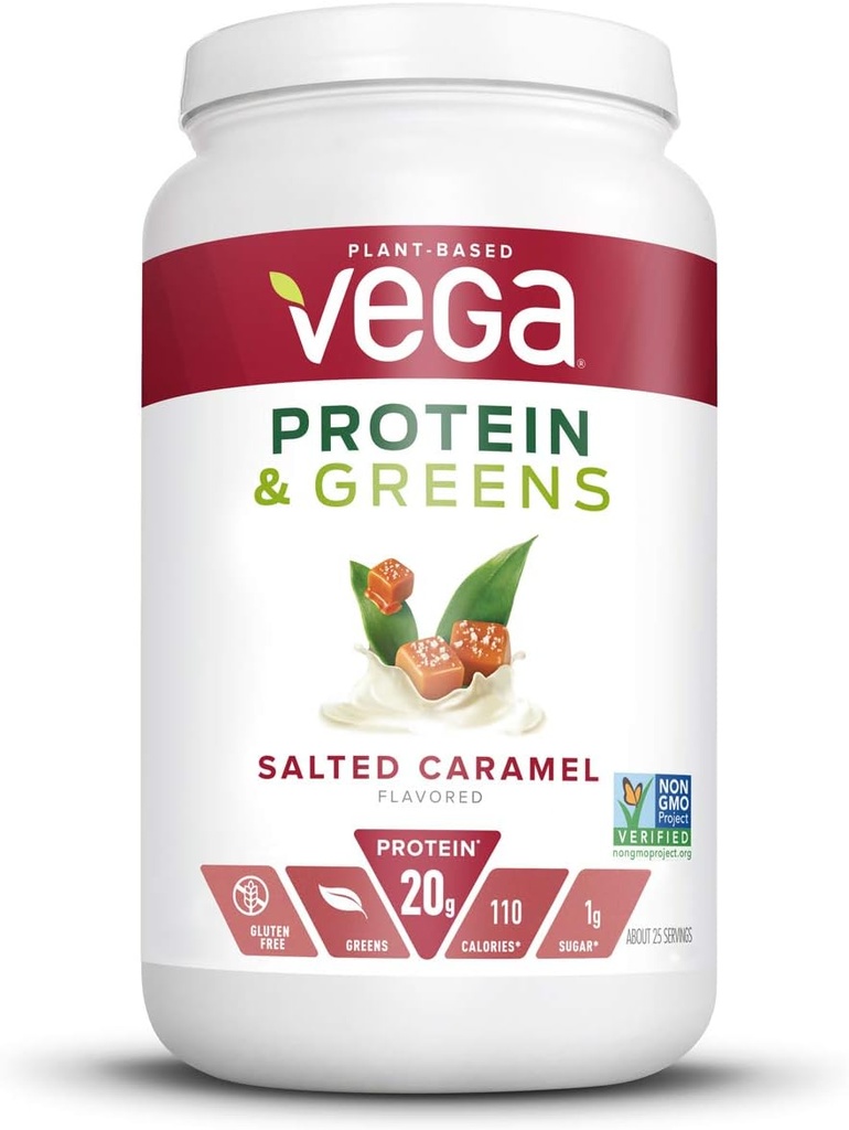 Beljakovine in zelena Vega, soljena karamela, veganski proteini v prahu, 20 g beljakovin na osnovi rastlin, nizko vsebnost ogljikovih hidratov, keto, brez mleka, brez glutena, brez GSO, beljakovine graha za ženske in moške, 1,7 funta (25 obrokov)