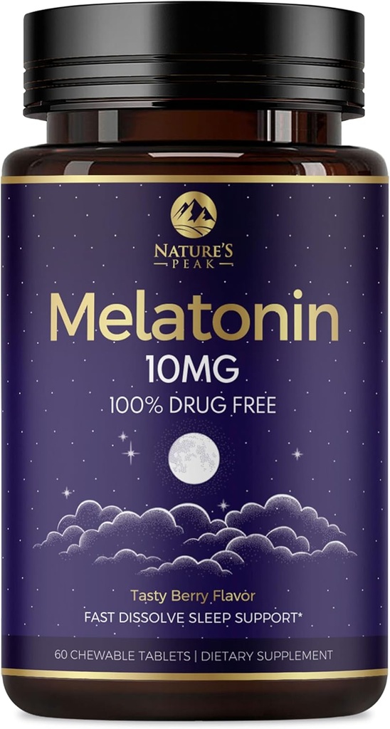 Melatonin 10mg hitro raztopite dopolnila, podpora za spanje za odrasle - dodatna moč 10 mg Melatonin tablete za mirno spanje, jagodni okus, Sugar-free Non-GMO - 60 dnevna oskrba