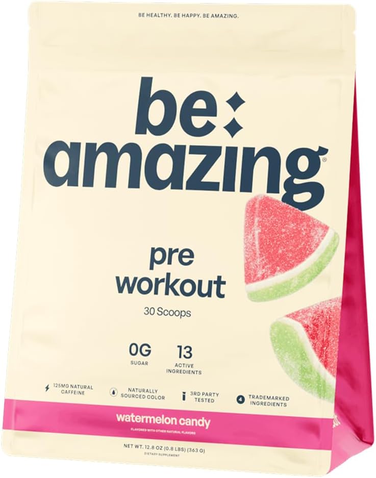 BE AMAZING Pre Workout Powder, Veganski dodatek z 125mg naravne kofeina, Ashwagandha in Adaptogeni, Sugar Free Drink Mix za moške in ženske, Gluten brezplačno, Non GSO, Watermelon Candy, 30 Servings