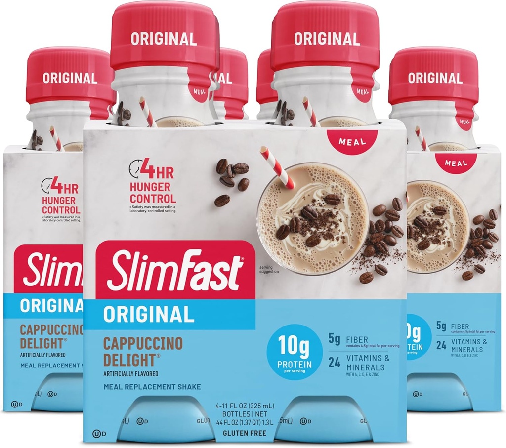 SlimFast meal zamenjava Shake, Original Cappuccino Delight, 10g pripravljen za pitje beljakovin za hujšanje, 11 Fl. Oz steklenica, 4 Število (Pack of 3) (Packaging May Vary)