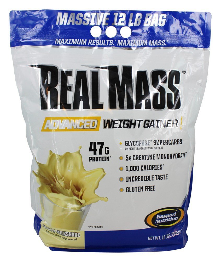 Gaspari Nutrition Real Mass: Advanced Hujšanje Gainer, Beljakovine in kompleksne ogljikove mešanice, 50g beljakovine, 16g EAA, Gluten-free, 12 funtov (Vanilla Milkshake)