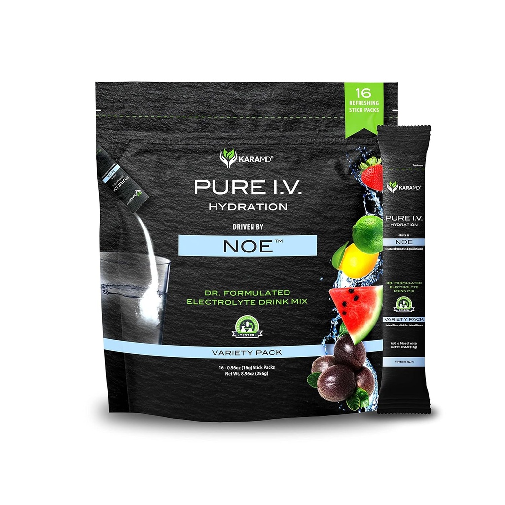 KaraMD Pure I.V. - Profesionalno oblikovan elektrolit 4 aromat varietete v prahu mešanica – osvežilni in okusni Hydrating Packets z vitamini in minerali – 4 aroma sorta - 1 vrečka (16 palic)