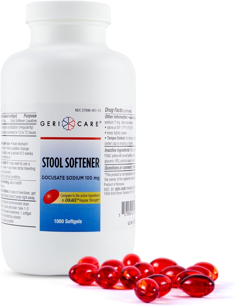 GeriCare Stool Softener Docusate Natrij 100 mg, Število odvajalnih 1000 (paket po 2)