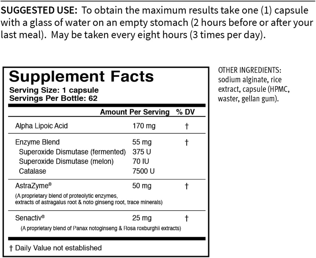 USAEncimes YOUTHXYM 62 Zapoznelo sproščanje Vegetarijanske kapsule, Anti-oksidant Enzyme dodatek. 170mg alfa lipoične kisline (ALA) + 50mg AstraZyme za izboljšanje prebavljanje beljakovin.