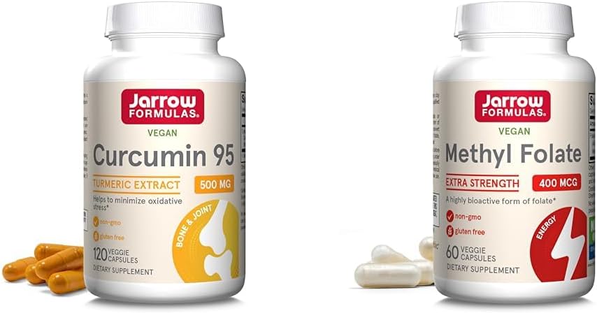 Jarrow Formule Curcumin 95 500 mg in metil Folate 400mcg Antioksidant in kardiovaskularno zdravje Podpora Prehranska dopolnila paket, 120 in 60 Veggie kapsule
