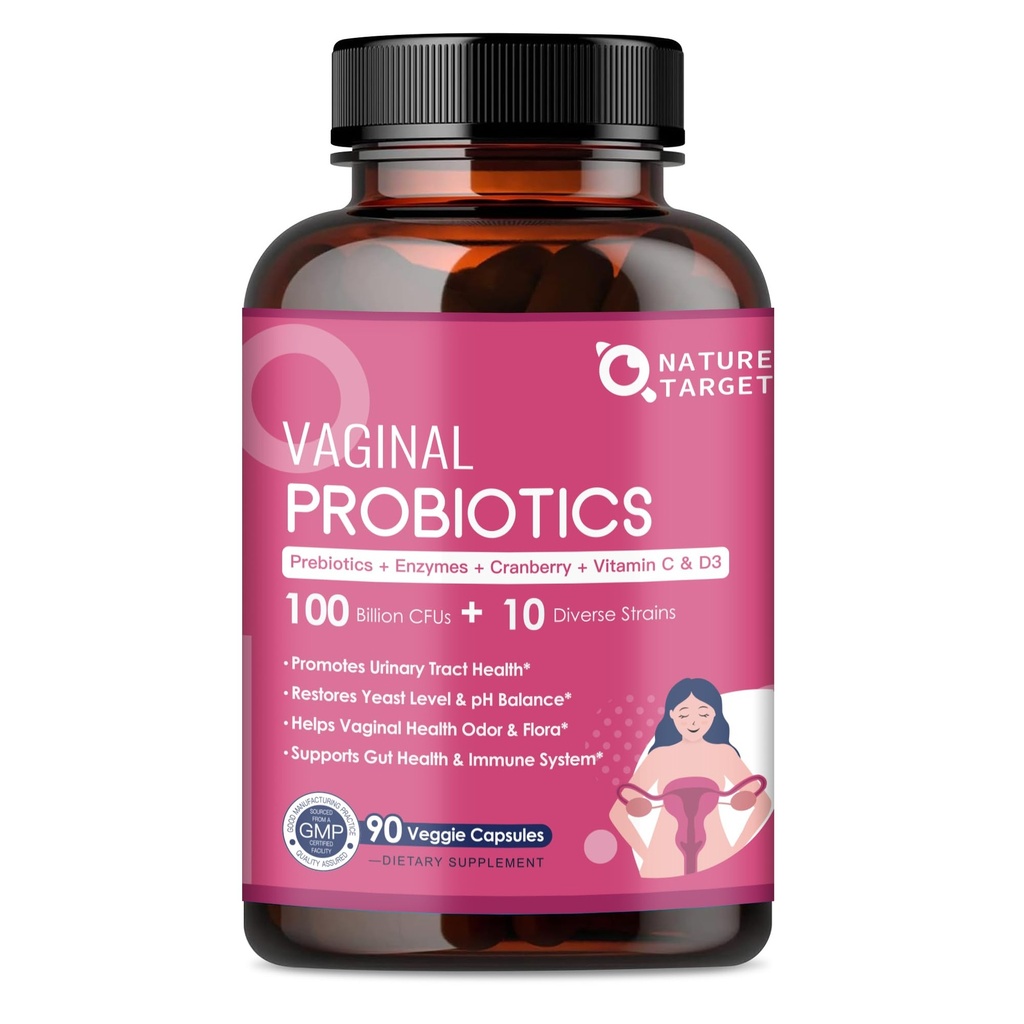 NATURE CILJ Vaginalni ženski probiotiki, 100 milijard CFU probiotiki in prebiotiki z digestivnimi encimi, brusnice in D-mannoze - podpira pH ravnovesje, Odor & urinarni trakt zdravje - 90 kapsul