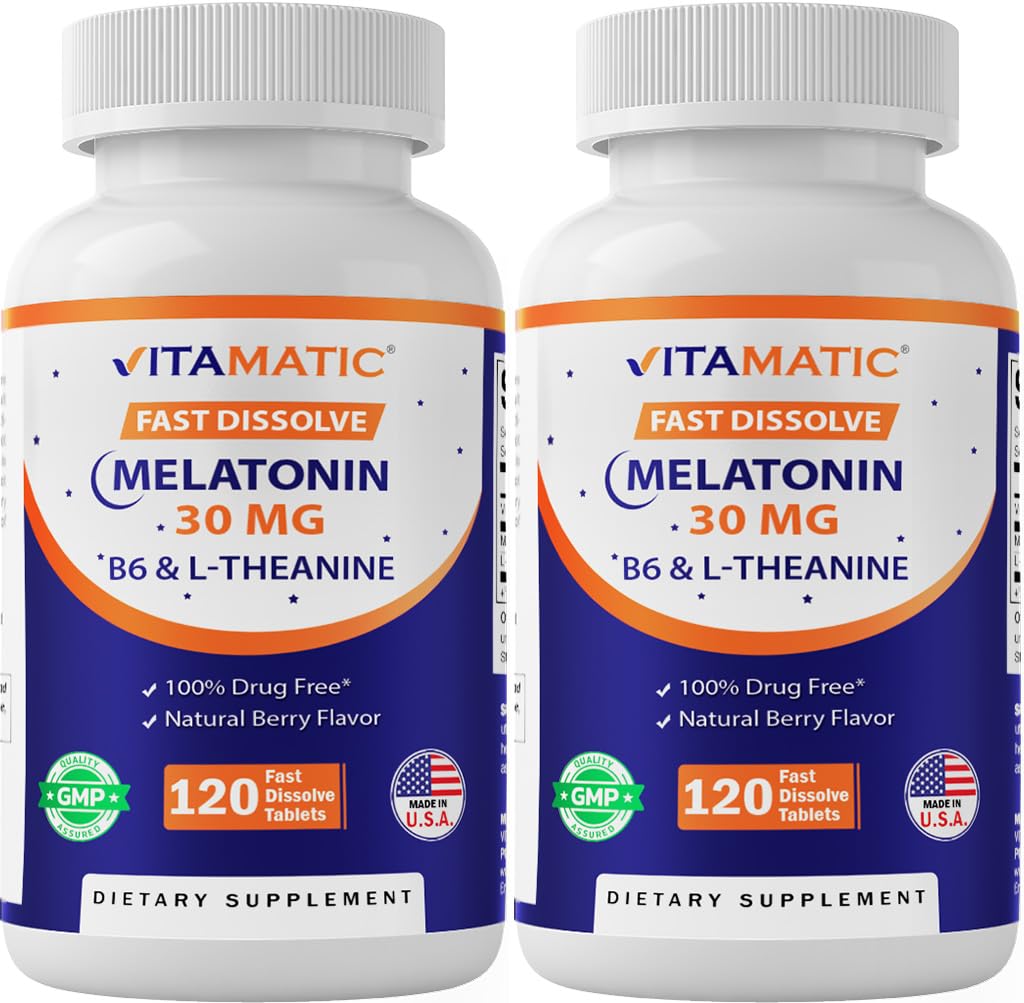 Vitamatski melatonin 30 mg - z B6 & L-teanino - 120 hitrih raztopitev tablet z naravno okusom jagod (2 tableti odmerek = melatonin 60 mg) (120 tablet (2. paket))