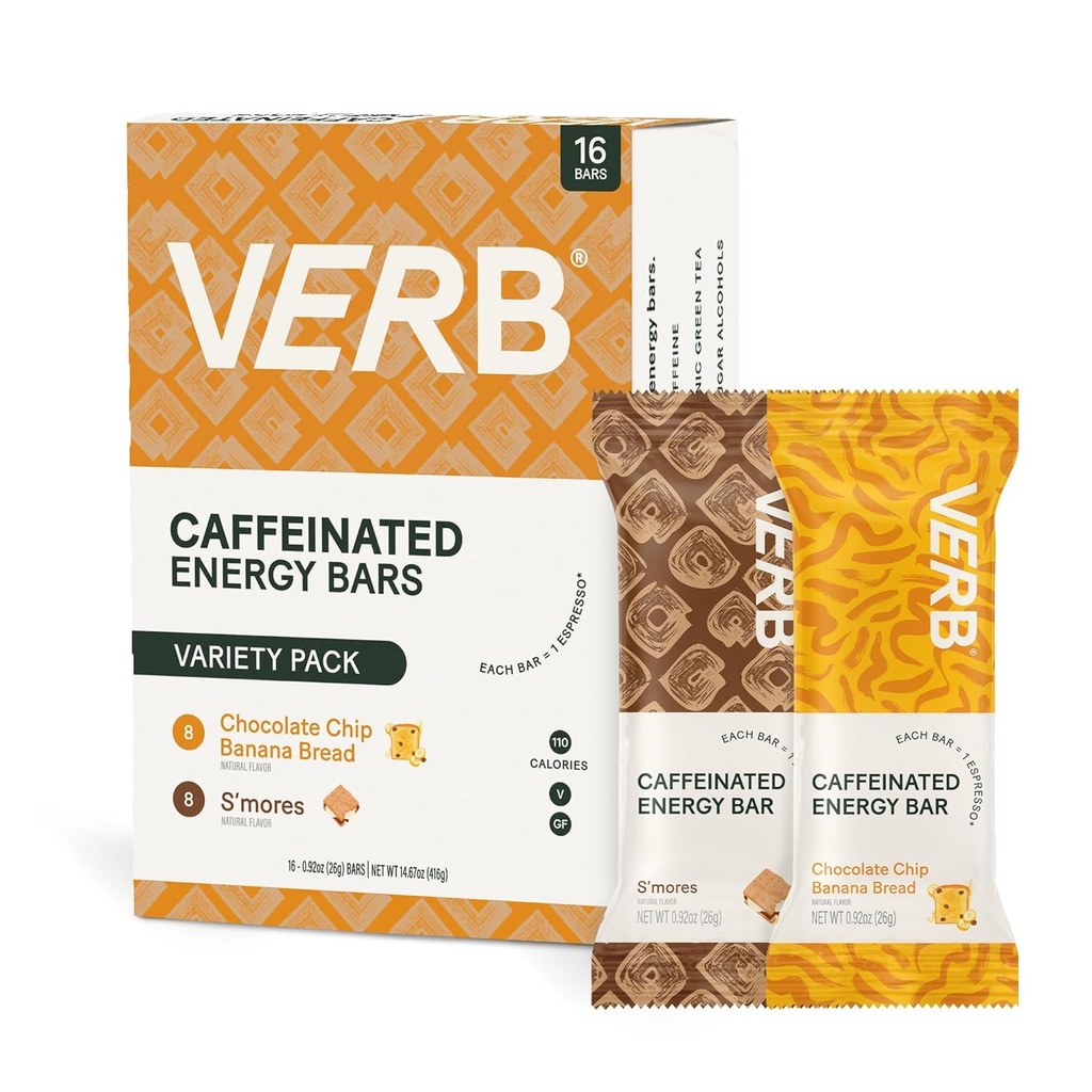 Verb Kofeinated Energy Bars Variety Pack - 2 Okusne arome (26g, Pack of 16) 110-Calorie Delicious Low Sugar Energy Bar, Vegan & Gluten Free On-the Go Prigrizek z 80mg zeleni čaj kofein