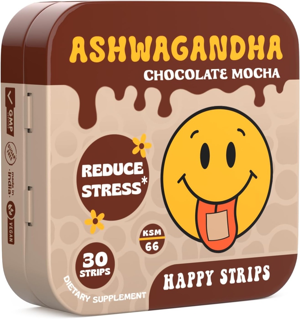 Happy Stripes Organic Ashwagandha KSM 66 & GABA za razbremenitev stresa, mirnost, spanje - hitro ukrepanje in hitro raztapljanje, čokolada Mocha aromed, Organic, Vegan, Sugar-free - 30 Count