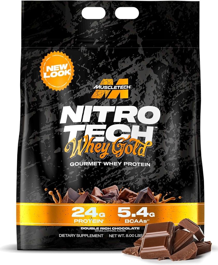 Muscletech Whey Protein Powder (dvojna bogata čokolada, 8LB) - Nitro-Tech Whey Protein Isolate Smoothie Mix for Lean Muscle & Recovery - 24g sirotkinih zlatih beljakovin za ženske in moške - pakiranje maj Vary