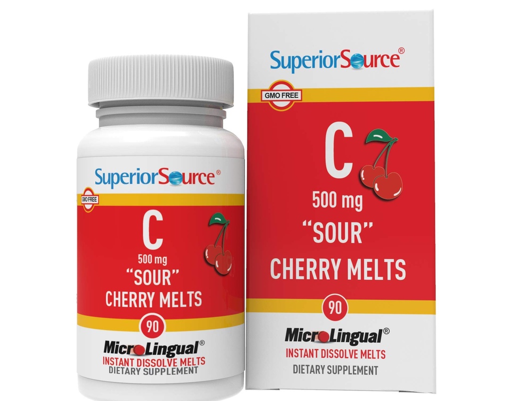 Superior Source Vitamin C 500 mg Sour Cherry Melts - Dnevni dodatek vitaminov podpira imuno zdravje - Vitamin C Formula Aids Celično zdravje - 90 Podjezično raztapljanje tablete