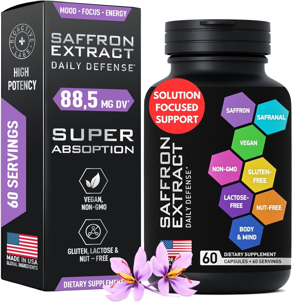 Optimizirani Saffron dodatki - 88.5mg Pure Saffron Extract za podporo razpoloženju, fokus, energija - Plus Crocin, Crocetin, Kaempferol - Gluten-free, Ne-GMO - 1-a-dan 60 kapsul