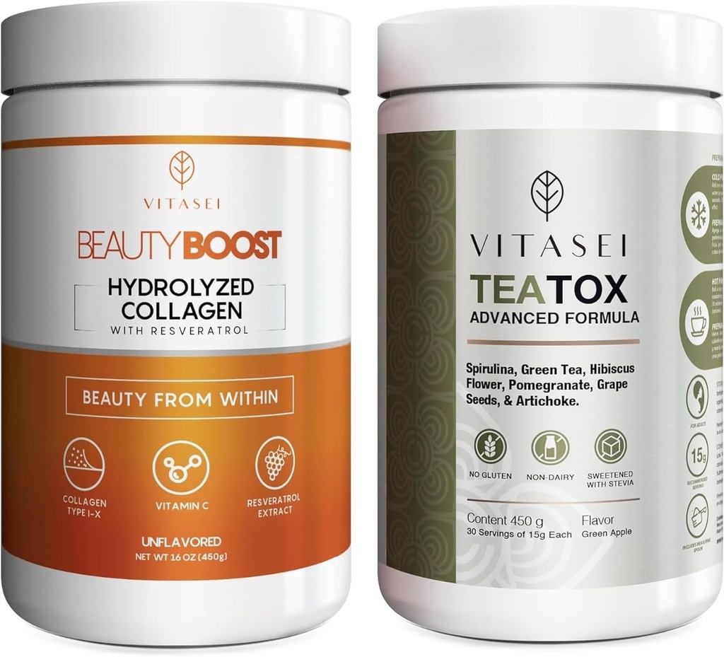 VITASEI Wellness Bundle – hidroliziran kolagen Peptide v prahu & Teatox Detox & Cleanse Podpora v prahu – Lasje, koža, nohti in Prebavni Booster za ženske in moške