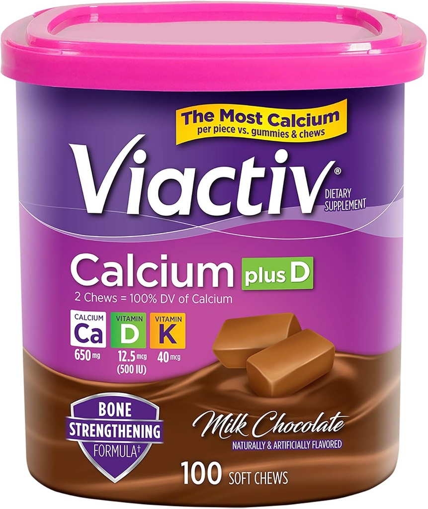Viactiv Kalcij +Vitamin D3 Dopolnilo Soft Chews, Mlečna čokolada, 100 Chews - Kalcijev prehranski dodatek za zdravje kosti