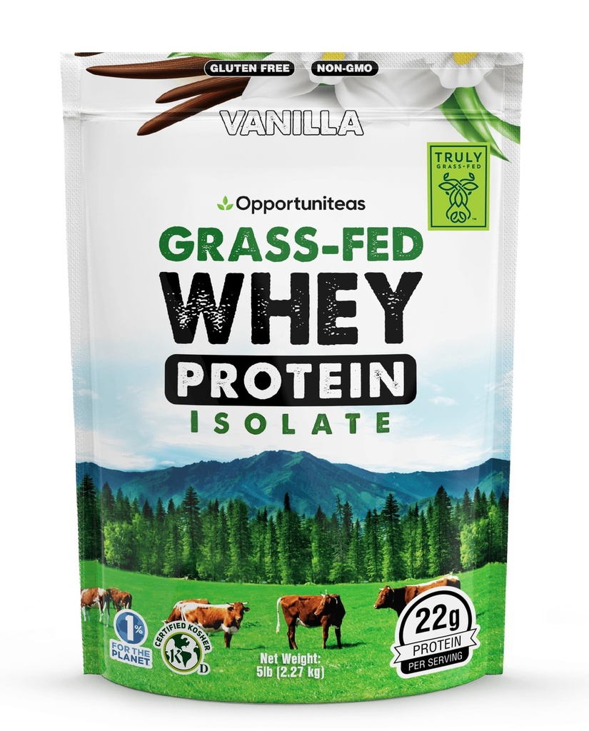 Opportuniteas Grass Fed Vanilla Whey Protein Isolate Powder - 22g Protein Powder brez umetnih sladil, Hormone-free Krave, Non GSO - 5lb