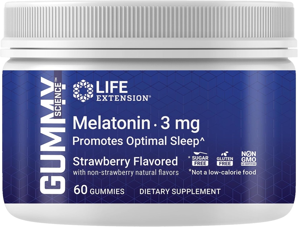 Life Extension Gummy ScienceTM Melatonin (Strawberry), 3 mg, Optimalna podpora za spanje, Zdrav cirkadian Ritem, Celularna obramba, Gluten-free, Non-GMO, Vegetarian, 60 Gummies