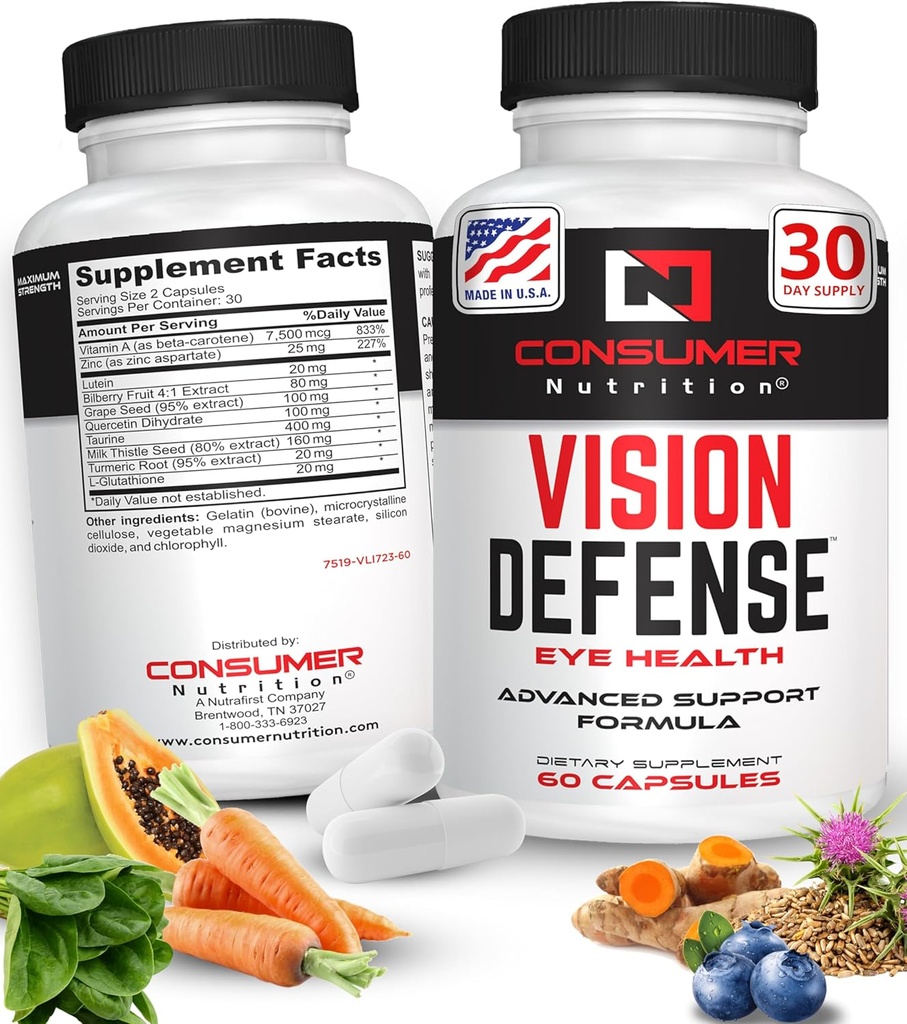Eye Health dopolnila za odrasle - Podpira in ščiti zdravje oči z vitaminom A, lutein, tavrin, korenino kurkuma, izvlečkom grozdnega semena in mleko osliča - Vision Defense 60 Ct