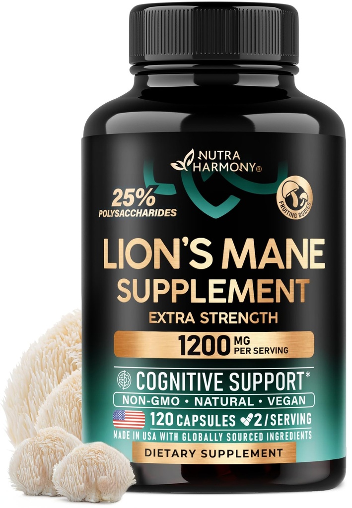 Lions Mane Supplement Kapsule - Organic Lions Mane - Izvleček sadnih teles - 1200 mg, 25% polisaharidi - podpora za spomin in fokus - kot Lions Powder - 120 Kapsule, 2 meseca dobave
