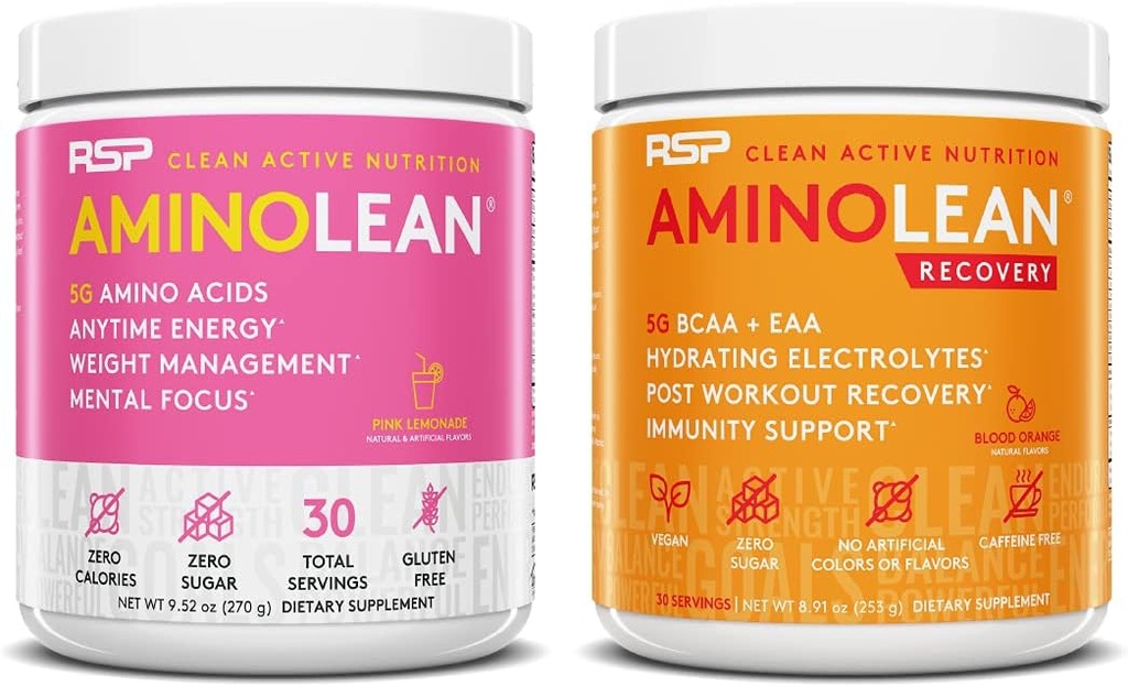 RSP NUTRITION AminoLean Pre Workout Energija (Pink Limonada 30 Servings) z AminoLean Recovery Post Workout Boost (Krvava pomaranča 30 Serving)