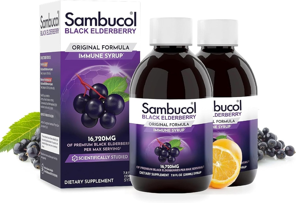 Sambucol Black Elderberry Syrup - Sambucus Syrup, Black Elderberry Liquid, Imunska podpora za otroke in odrasle, Visoki antioksidanti, Gluten Free - Original Formula, 7.8 Fl Oz, 2-Pack