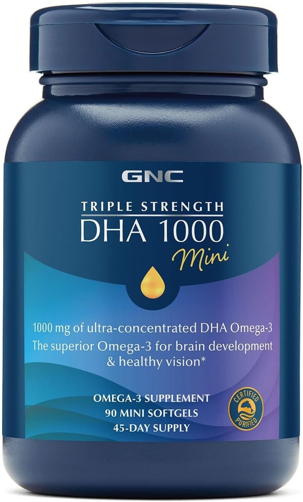 GNC Trojna moč DHA 1000 Mini Omega 3 Dopolnilo, 1000mg, Ultra koncentrirana, Visoka moč, Podpira razvoj možganov in zdravo vizijo, Burpless, 90 Mini Softgels, 45 SVG, 45 Dnevna dobava
