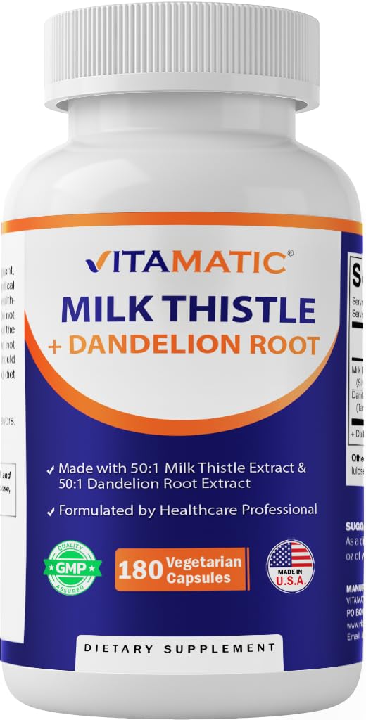 Vitamatska Milk Thistle 50:1 Extract 500mg, Dandelion Root 50:1 Extract 100mg, 180 Vegetarijanske kapsule, Ne-GMO, Gluten Free