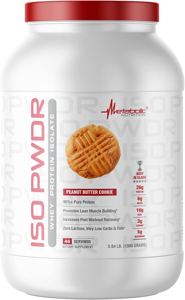 Metabolic Nutrition Whey Protein Isolate ISO PWDR Peanut Butter Piškotek, 3.04lb, 23 Servisi, 26g beljakovine, hitro prebavljanje, nič ogljikovih hidratov, okusno aromo, zelo malo ogljikovih hidratov in maščob, nič laktoze