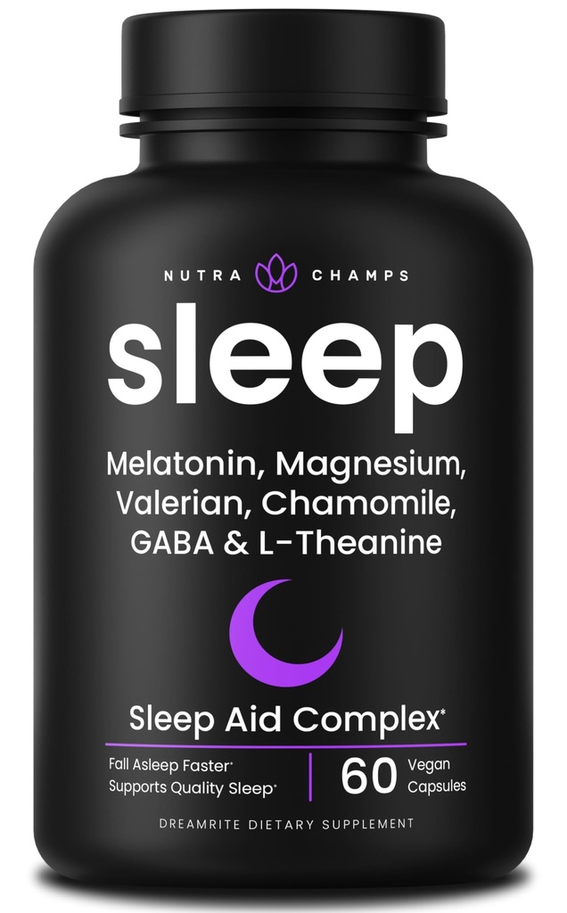 NutraChamps 10-v-1 Naravni uspavalni pripomočki za odrasle - melatonin, limonin balzam 1000mg, kamilica 400mg, verian root 600mg, L Theanine, L Triptofan, GABA, Magnezijev uspavalni pripomoček