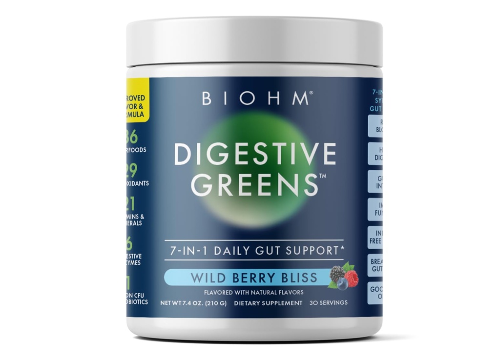 BIOHM Digestive Greens, Green Superfood Powder (7.4 Oz, 30 Serving) Imunska in Gut Health Podpora z antioksidanti, vitamini, probiotiki in encimi, Dober vir Fiber, Berry Flavor