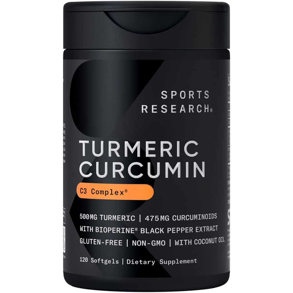 Športne raziskave Kurkumin C3 Complex - Softgels z Bioperine Black Pepper Extract & organsko kokosovo olje, standardiziranih 95% kurkuminoidi - Non-GMO Verified & Gluten Free - 500mg, 120 Count