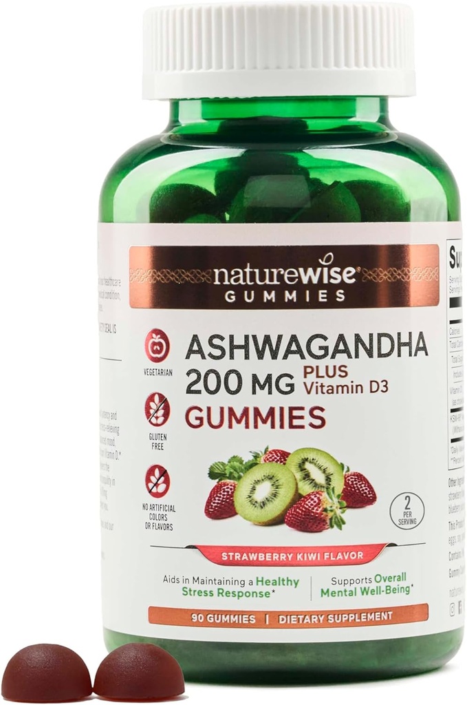 NatureWise Ashwagandha Gummies - Jagoda Kiwi - KSM-66 z vitaminom D3 - Pomirjujoča podpora razpoloženju - Vegetarian - Non-GMO, Gelatin in Gluten Free - 90 Count[45-Day support]