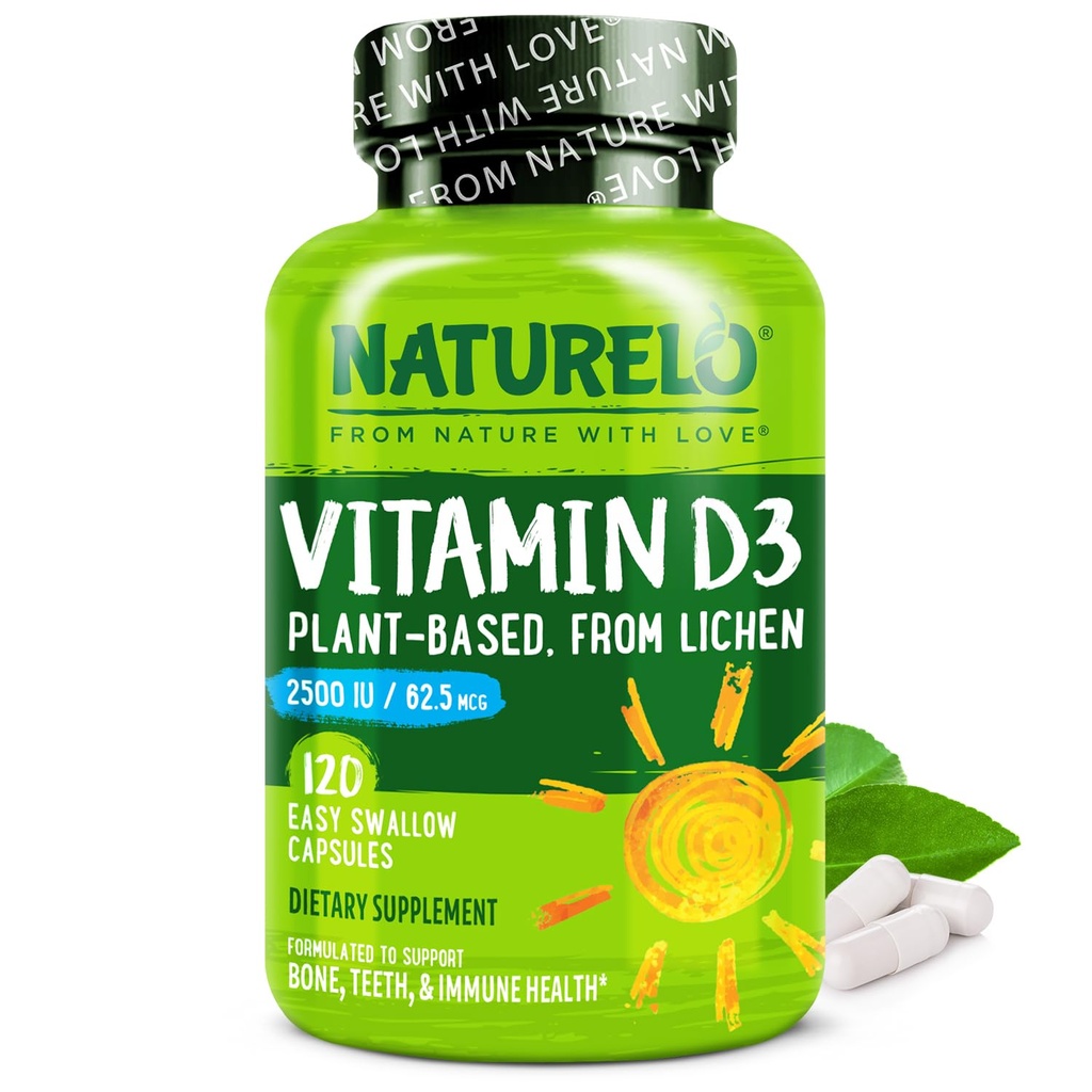 NATURELO Vitamin D - 2500 i.e. - rastlina na osnovi lichena - naravni D3 dodatek za imunski sistem, podporo kosti, skupno zdravje - Vegan - ne-GMO - Gluten prost - 120 kapsul