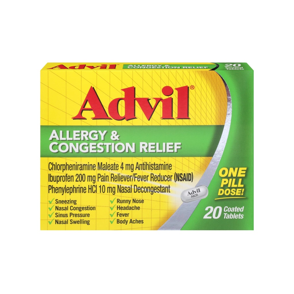 Advil Alergija in zastoji Relief tablete, Bolečina Reliever, Zvišana telesna temperatura Reduktor in Alergija Relief z Ibuprofen, Fenilefrin HCl in Klorfeniramin Maleat 4 mg - 20 Obložene tablete
