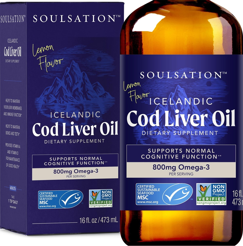 Islandsko olje Cod Liver Liquid, Lemon (16oz) - Vitamini A & D, EPA & DHA - Pomaga pri vidu, kožne membrane in imunske funkcije - MSC Certified, Non-GMO