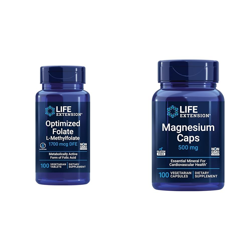 Life Extension Brain & Heart Health Folat in Magnezij dopolnilo paket, 100 tablet in 100 kapsul